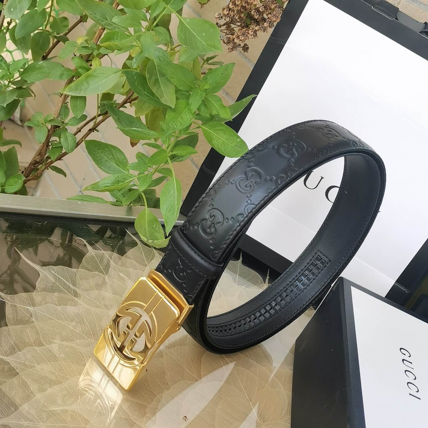 gu belt cowhide leather black gold buckle wide 3 4cm automatic buckle 1