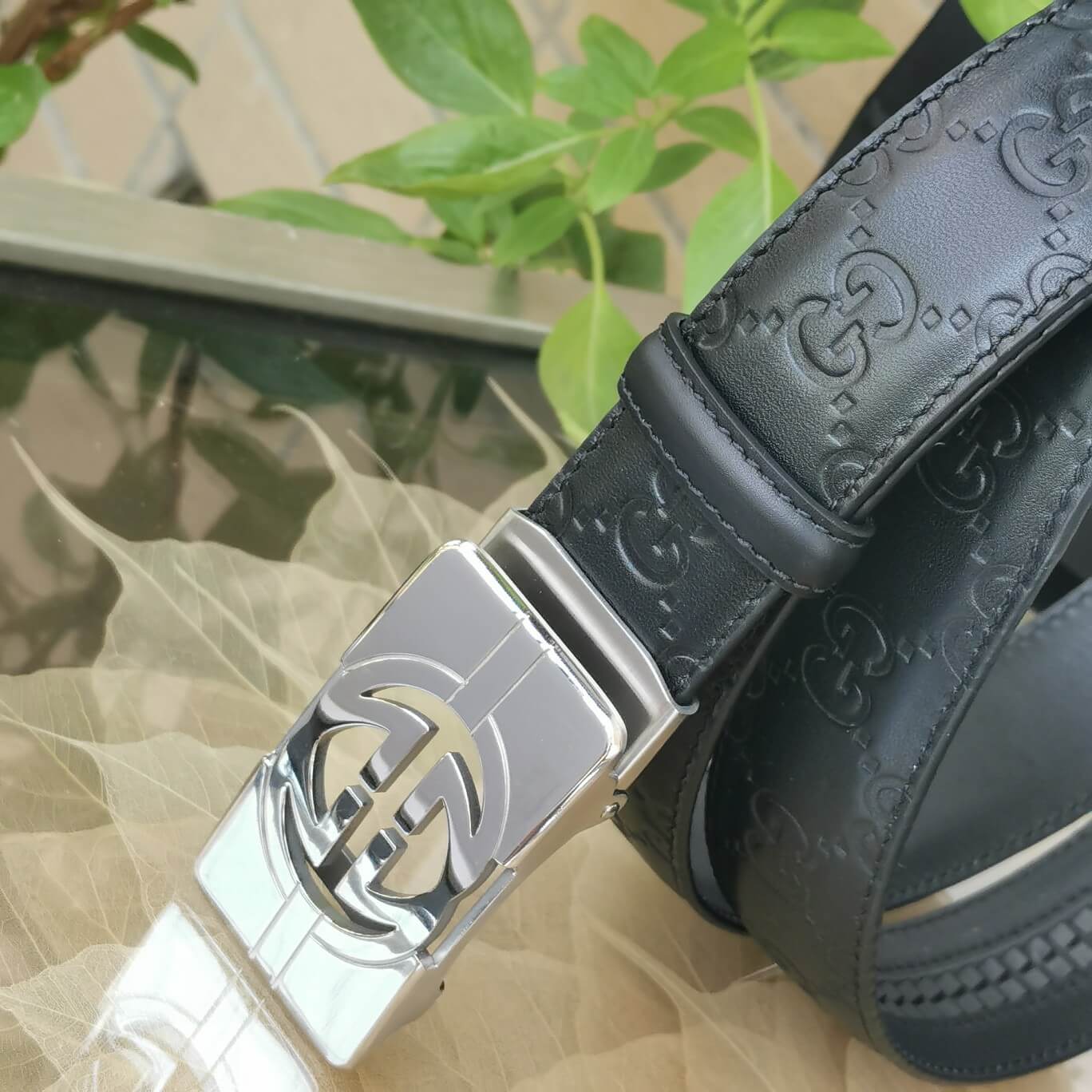 gu belt cowhide leather black gold buckle wide 3 4cm automatic buckle 1
