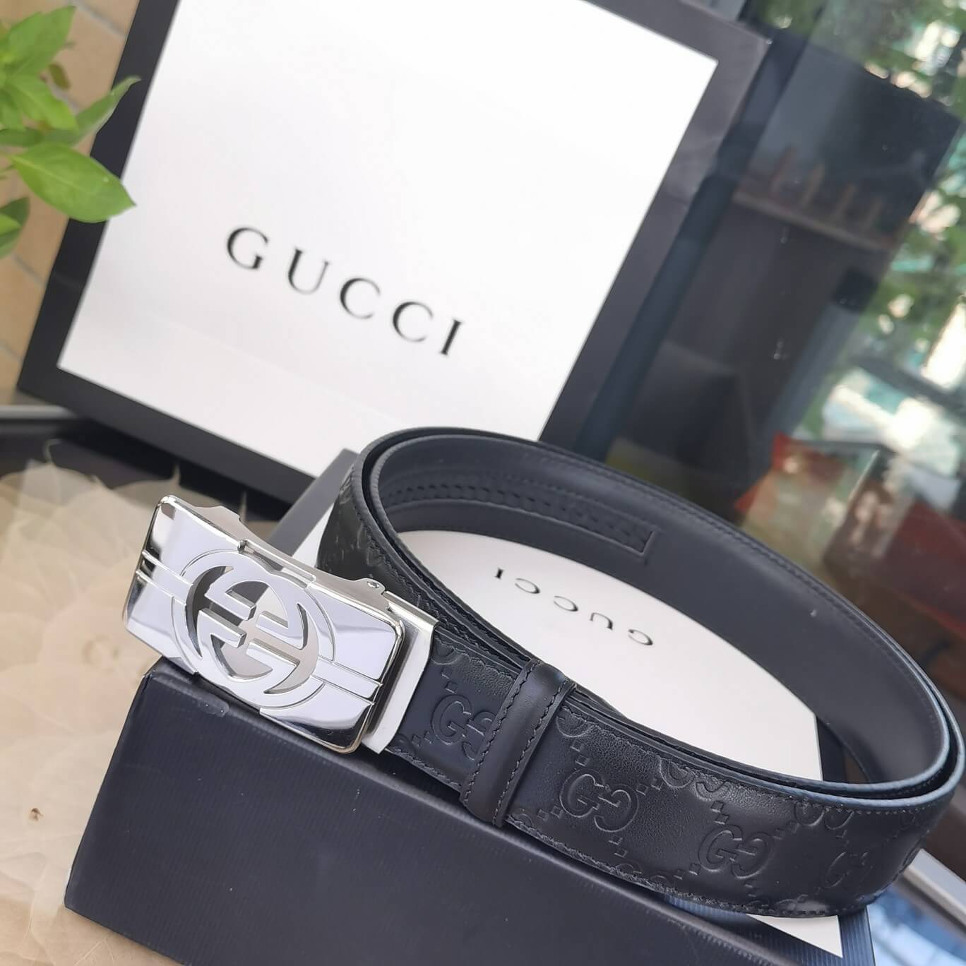 gu belt cowhide leather black gold buckle wide 3 4cm automatic buckle 1