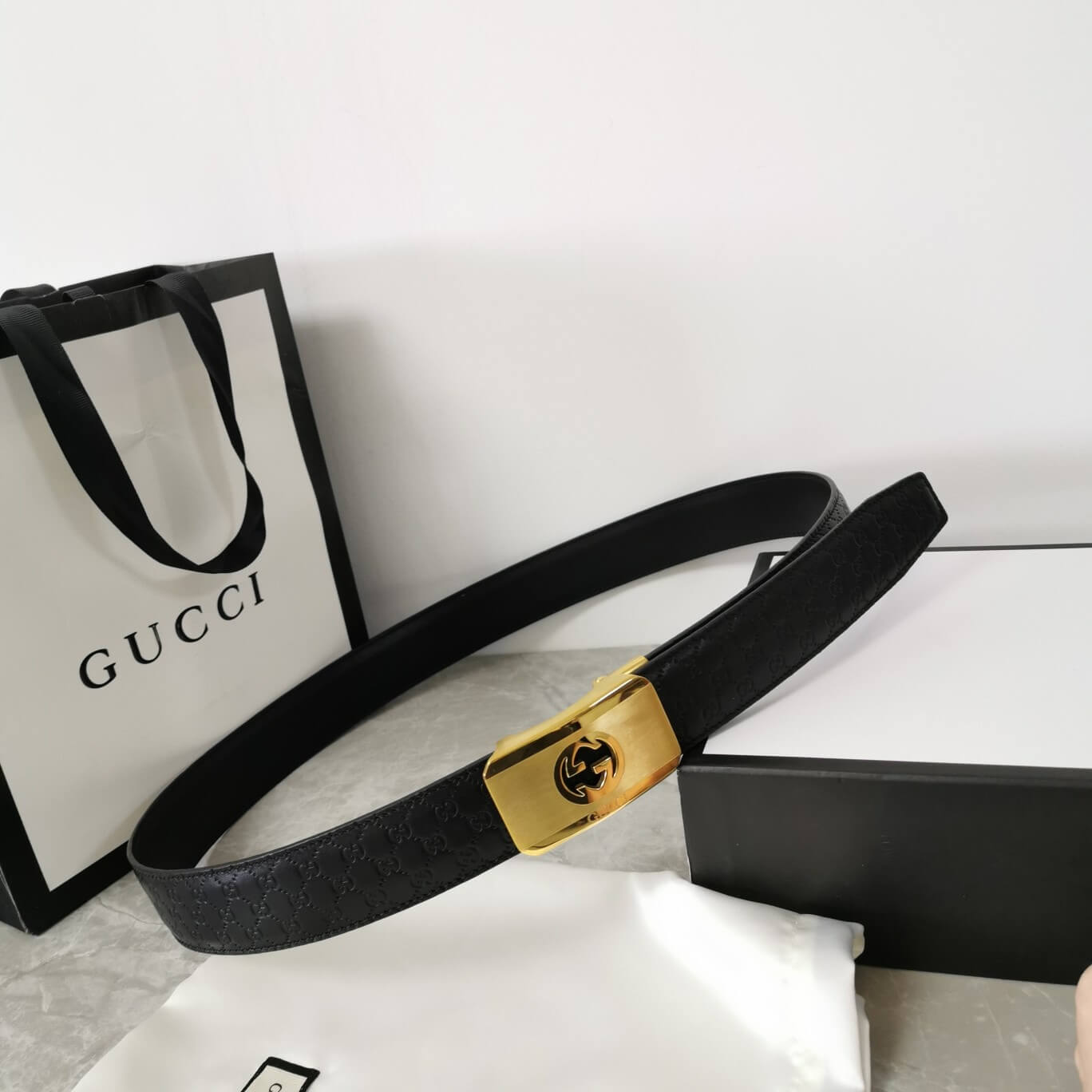 gu belt cowhide leather black gold buckle wide 3 4cm automatic buckle
