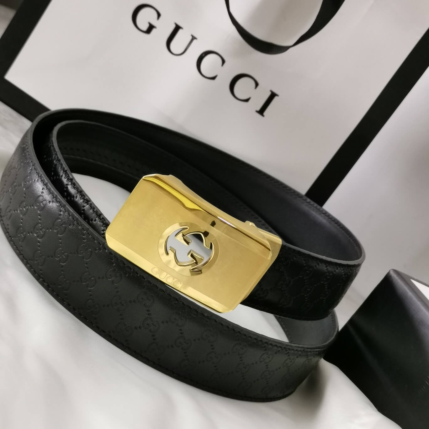 gu belt cowhide leather black gold buckle wide 3 4cm automatic buckle