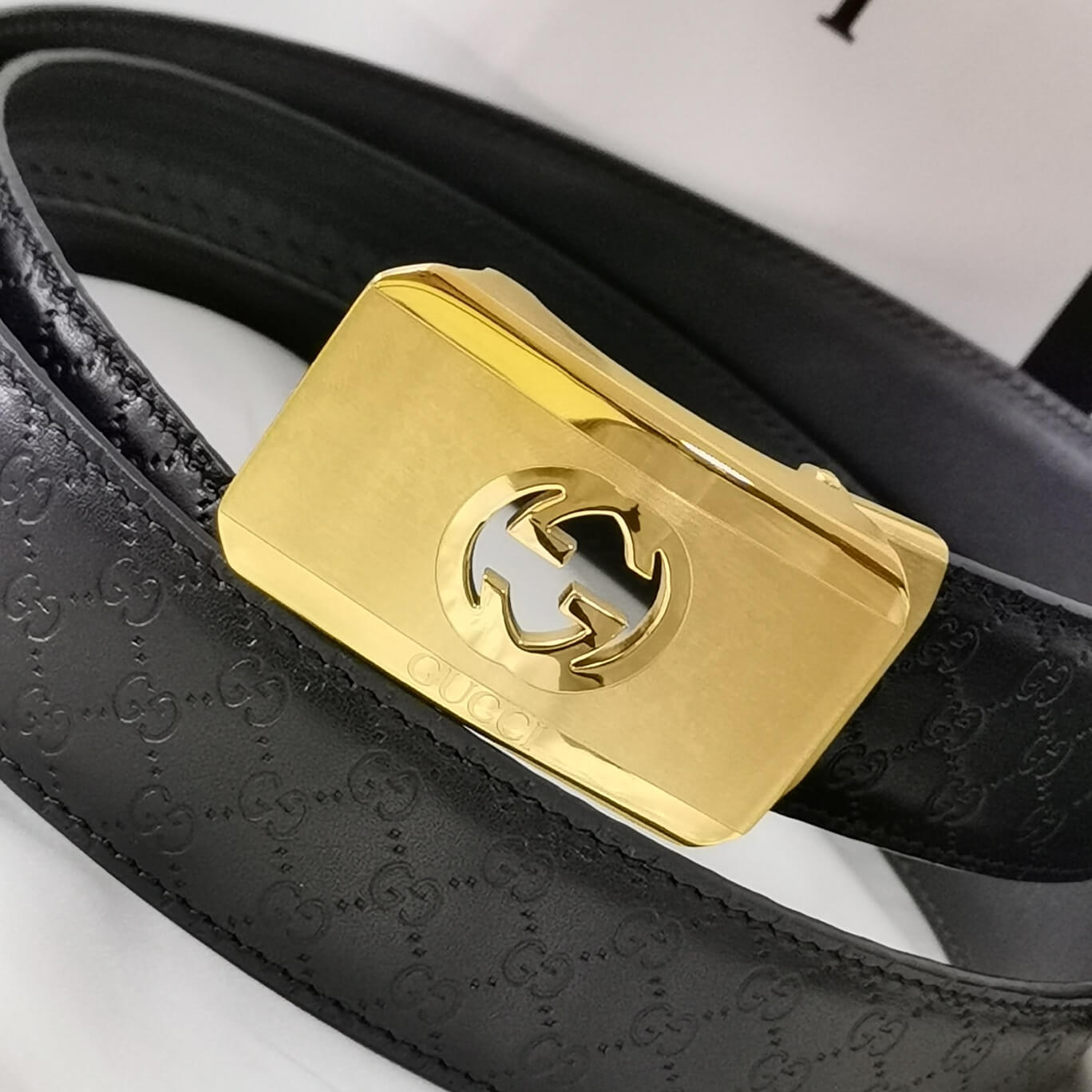 gu belt cowhide leather black gold buckle wide 3 4cm automatic buckle