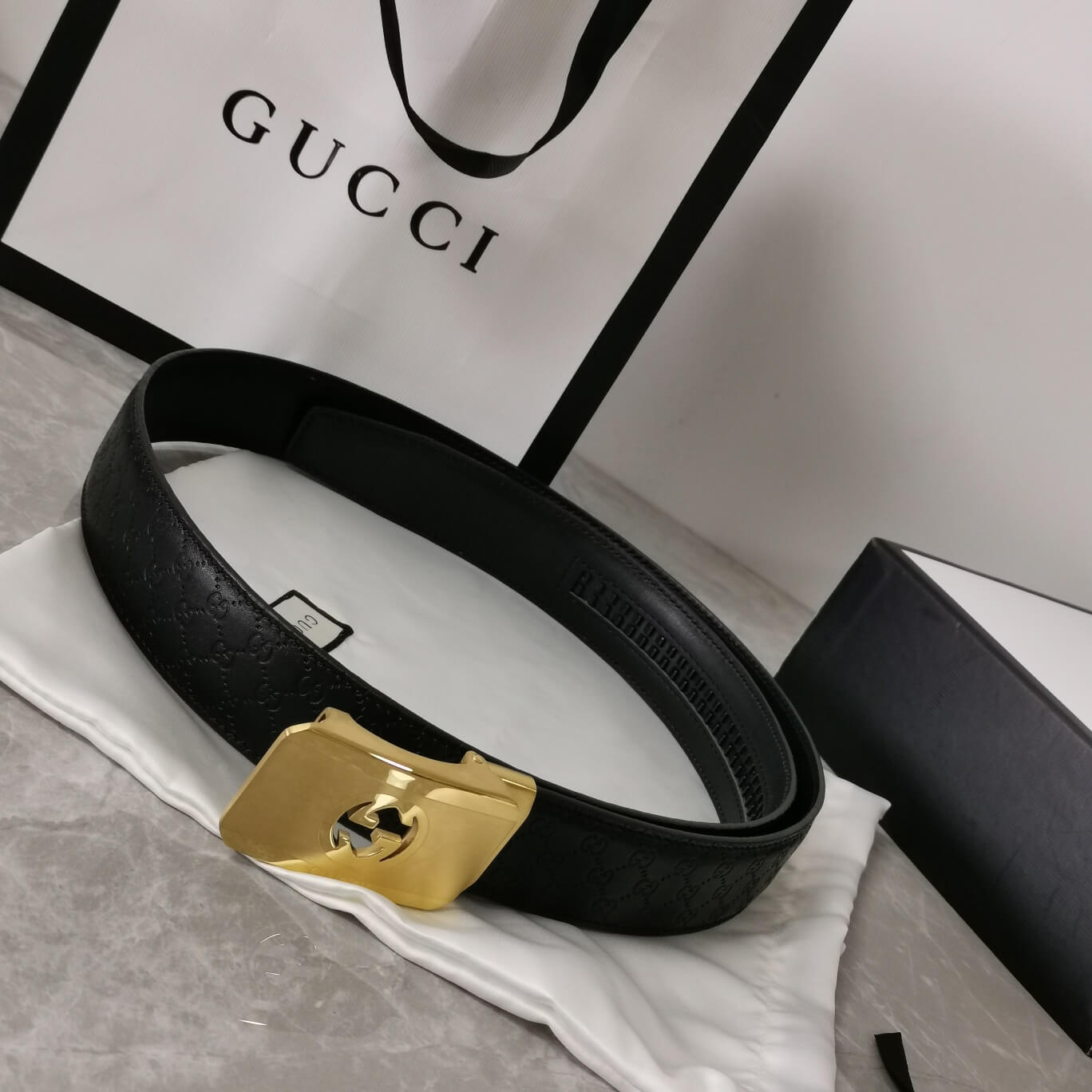 gu belt cowhide leather black gold buckle wide 3 4cm automatic buckle
