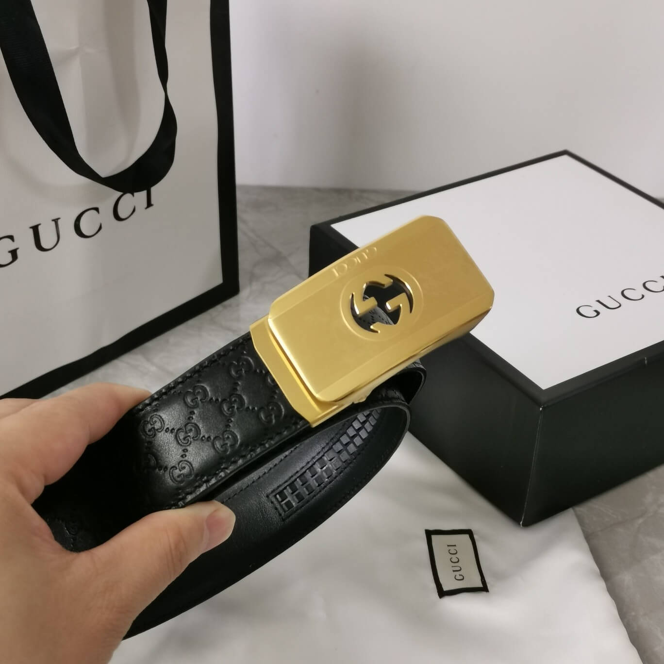 gu belt cowhide leather black gold buckle wide 3 4cm automatic buckle