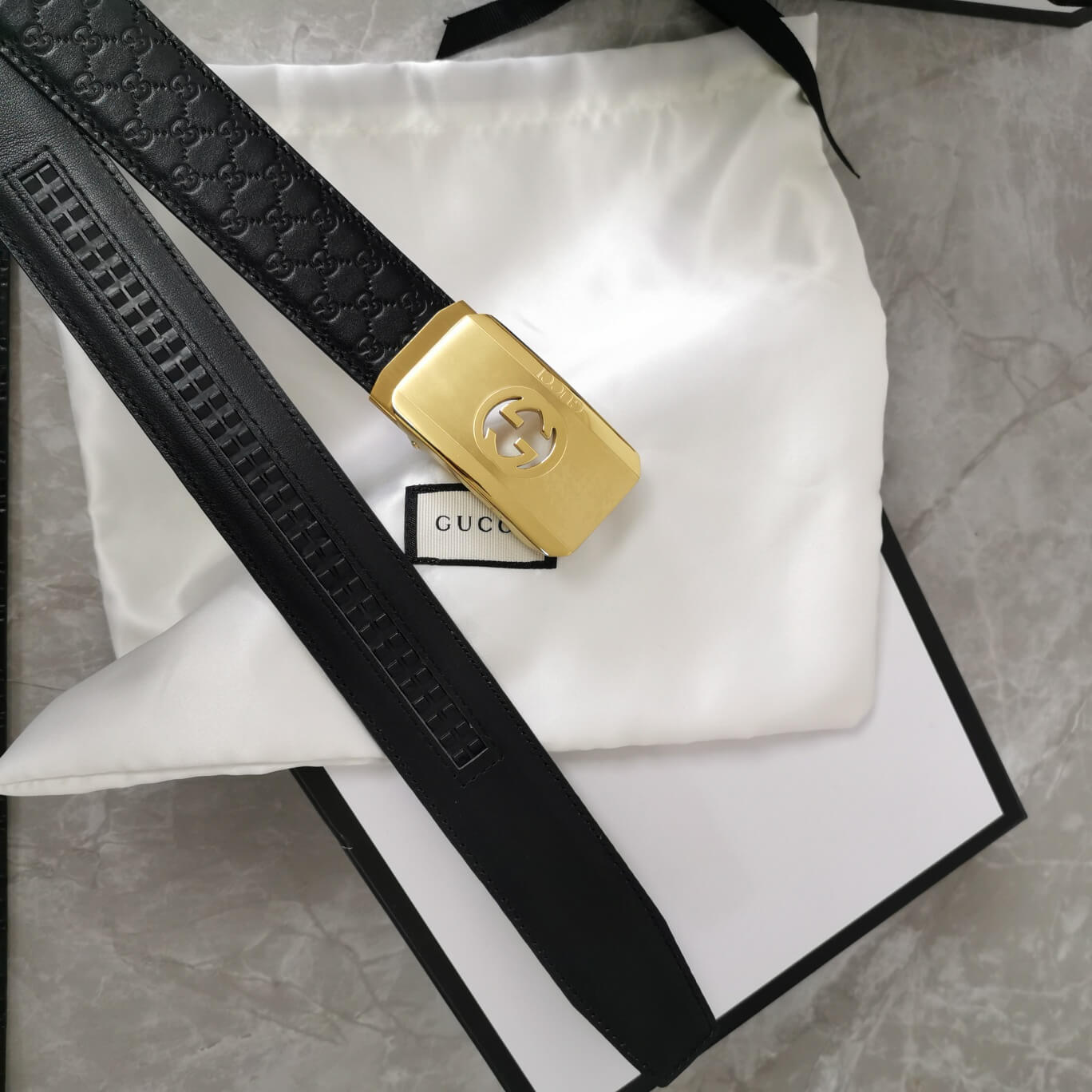 gu belt cowhide leather black gold buckle wide 3 4cm automatic buckle