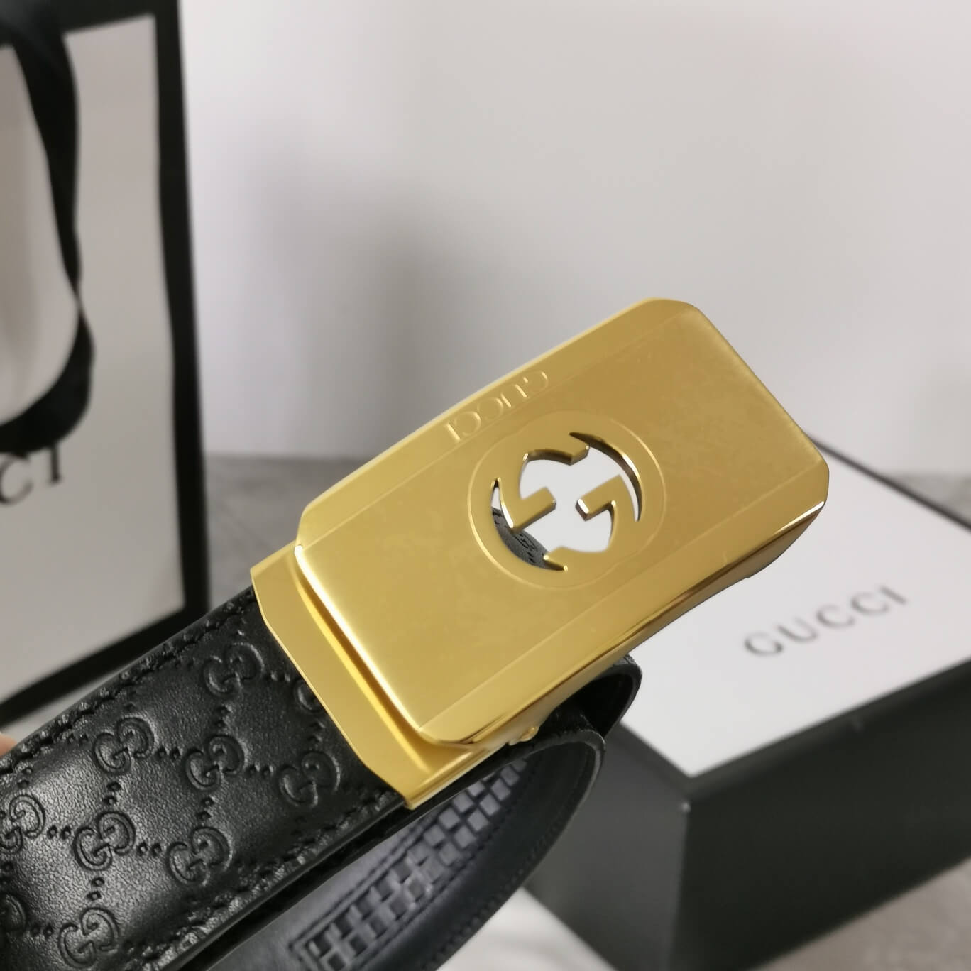 gu belt cowhide leather black gold buckle wide 3 4cm automatic buckle