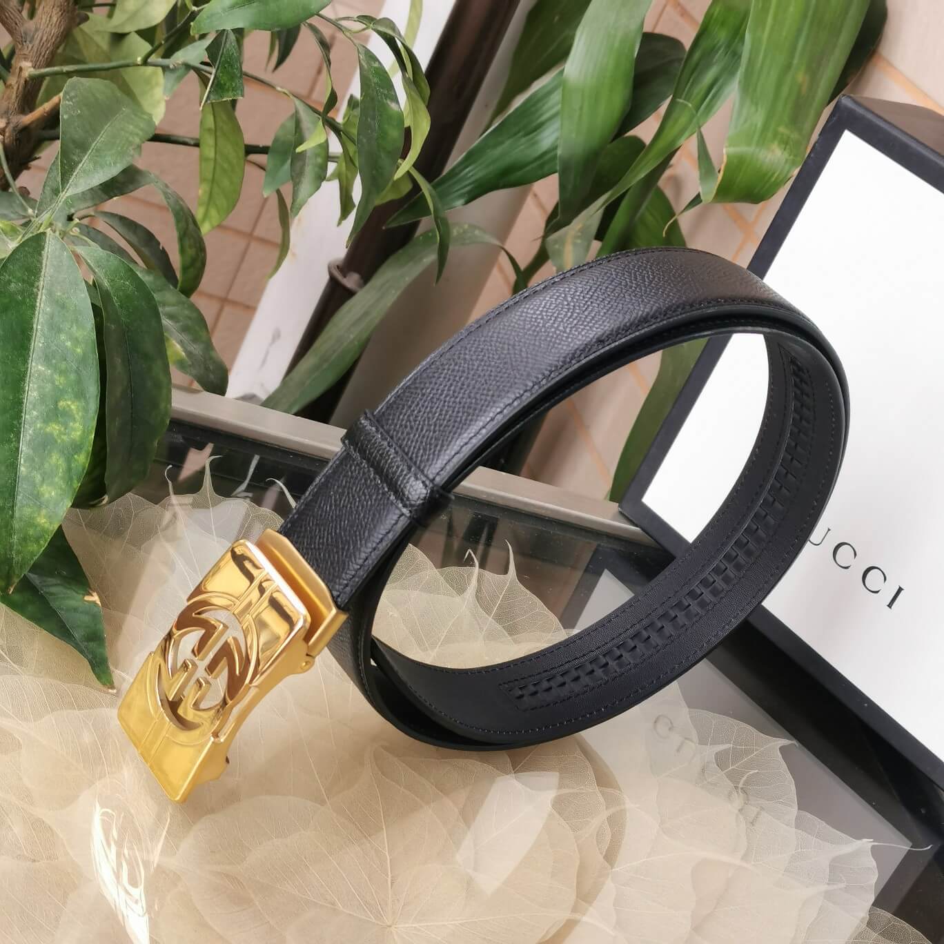 gu belt cowhide leather black gold buckle wide 3 5cm automatic buckle 1