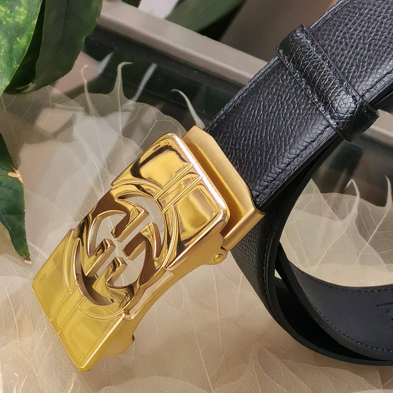 gu belt cowhide leather black gold buckle wide 3 5cm automatic buckle 1