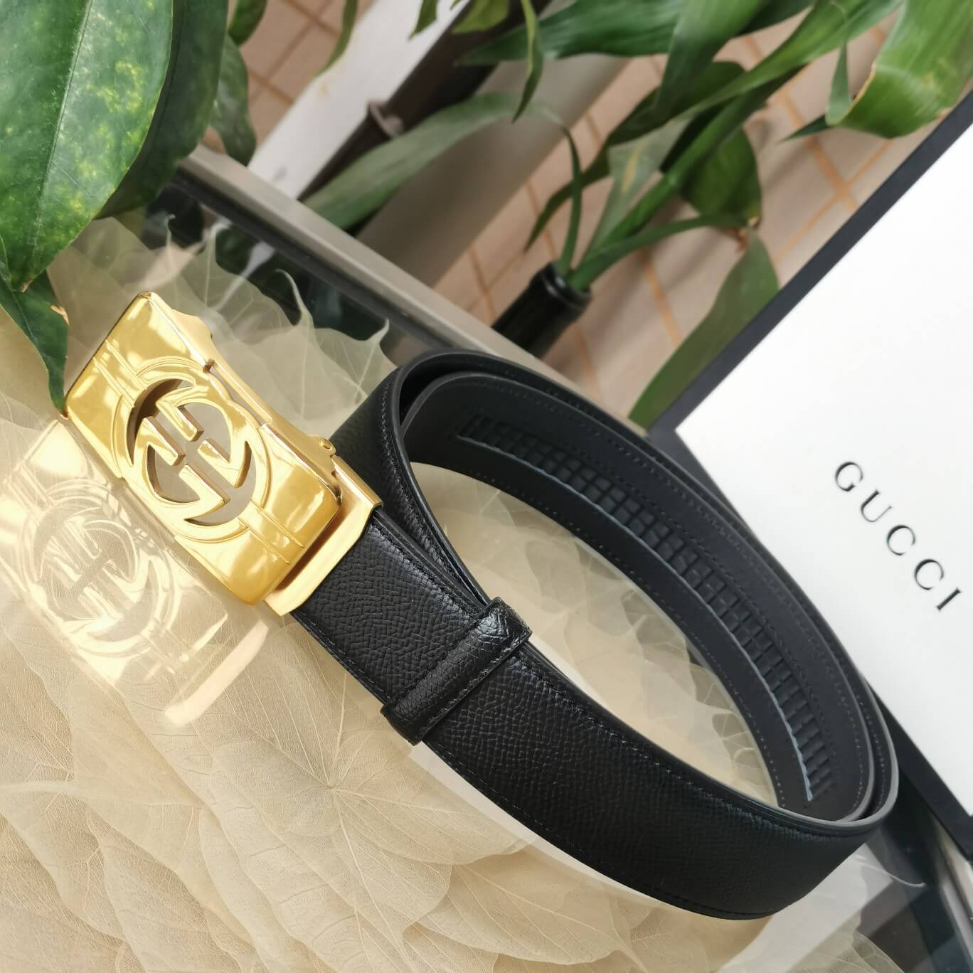 gu belt cowhide leather black gold buckle wide 3 5cm automatic buckle 1