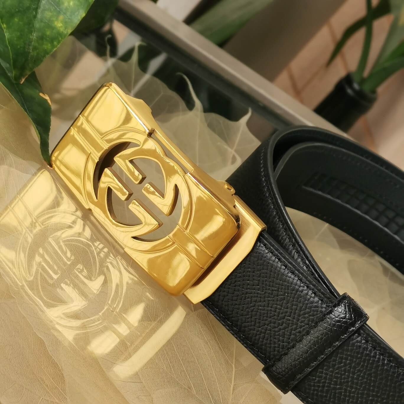 gu belt cowhide leather black gold buckle wide 3 5cm automatic buckle 1