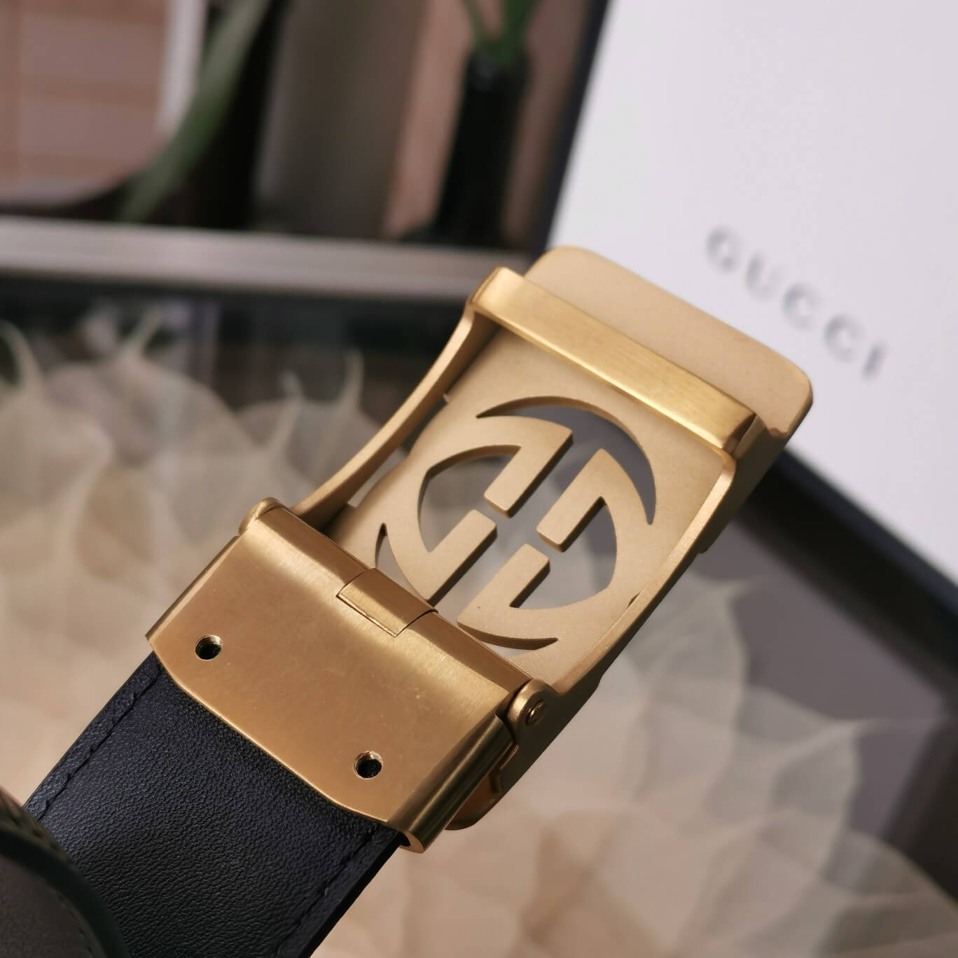 gu belt cowhide leather black gold buckle wide 3 5cm automatic buckle 1