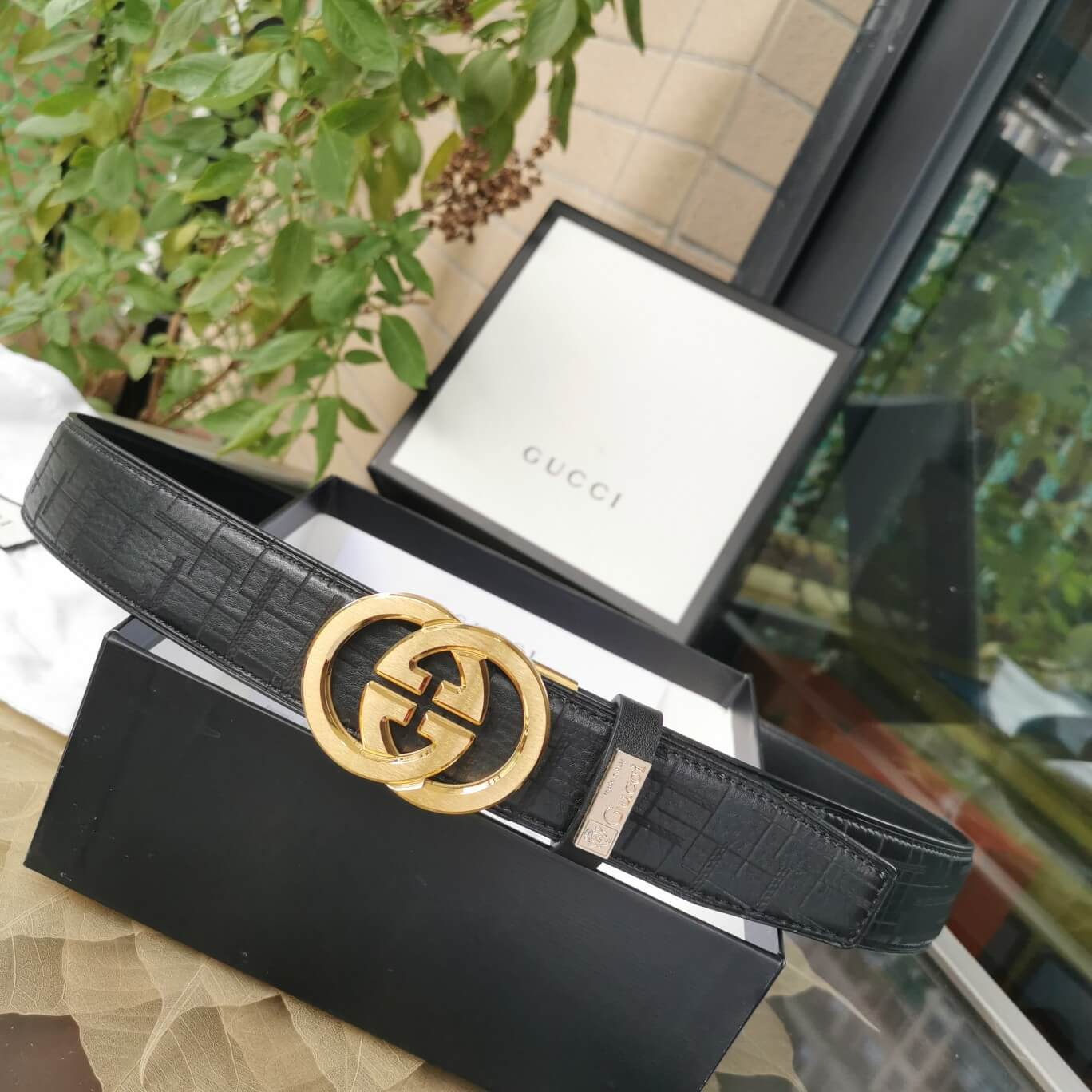 gu belt cowhide leather black gold buckle wide 3 5cm automatic buckle 3