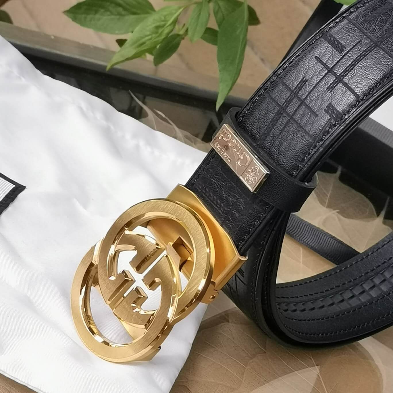 gu belt cowhide leather black gold buckle wide 3 5cm automatic buckle 3