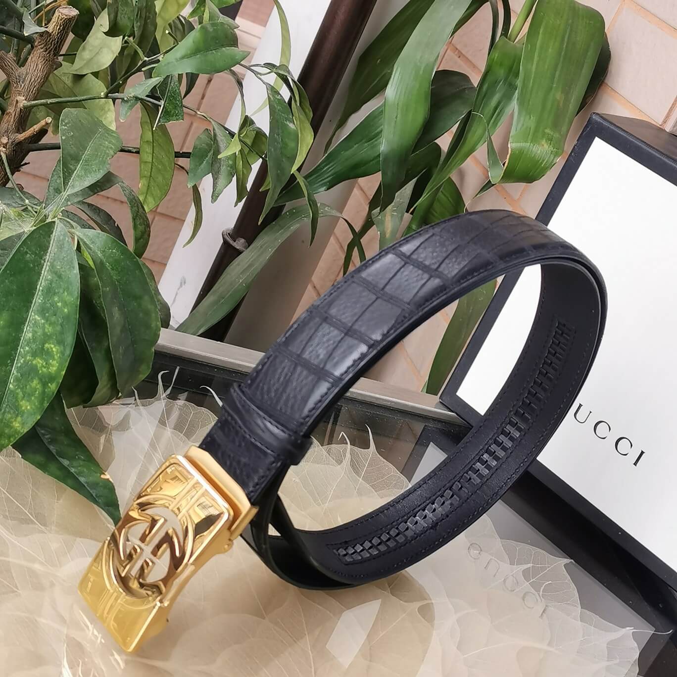 gu belt cowhide leather black gold buckle wide 3 5cm automatic buckle