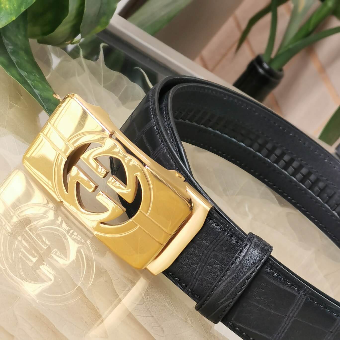 gu belt cowhide leather black gold buckle wide 3 5cm automatic buckle