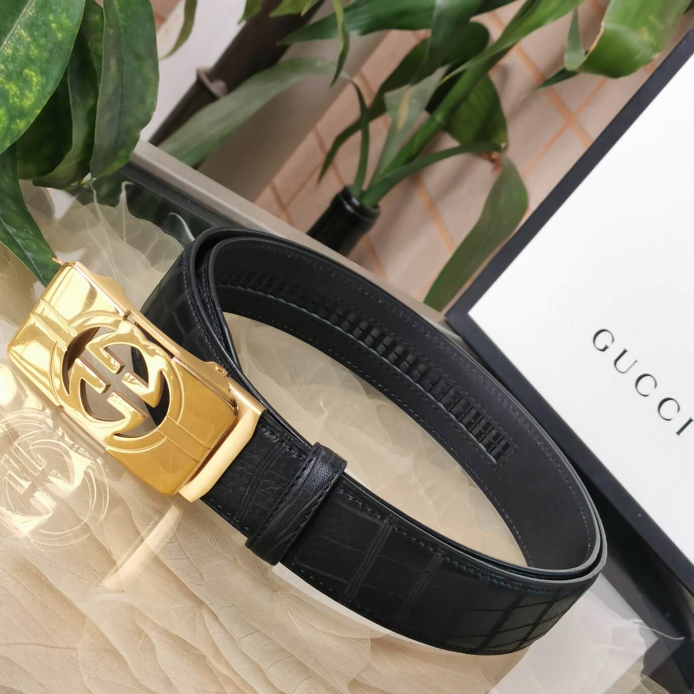 gu belt cowhide leather black gold buckle wide 3 5cm automatic buckle