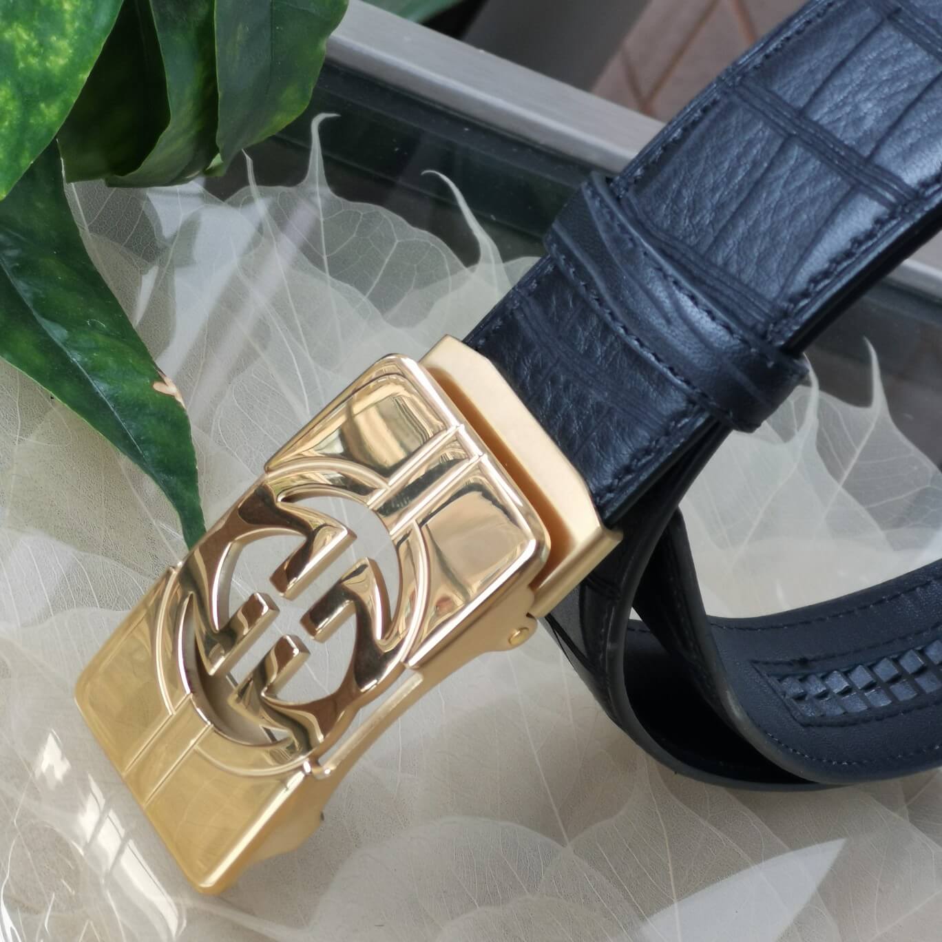 gu belt cowhide leather black gold buckle wide 3 5cm automatic buckle
