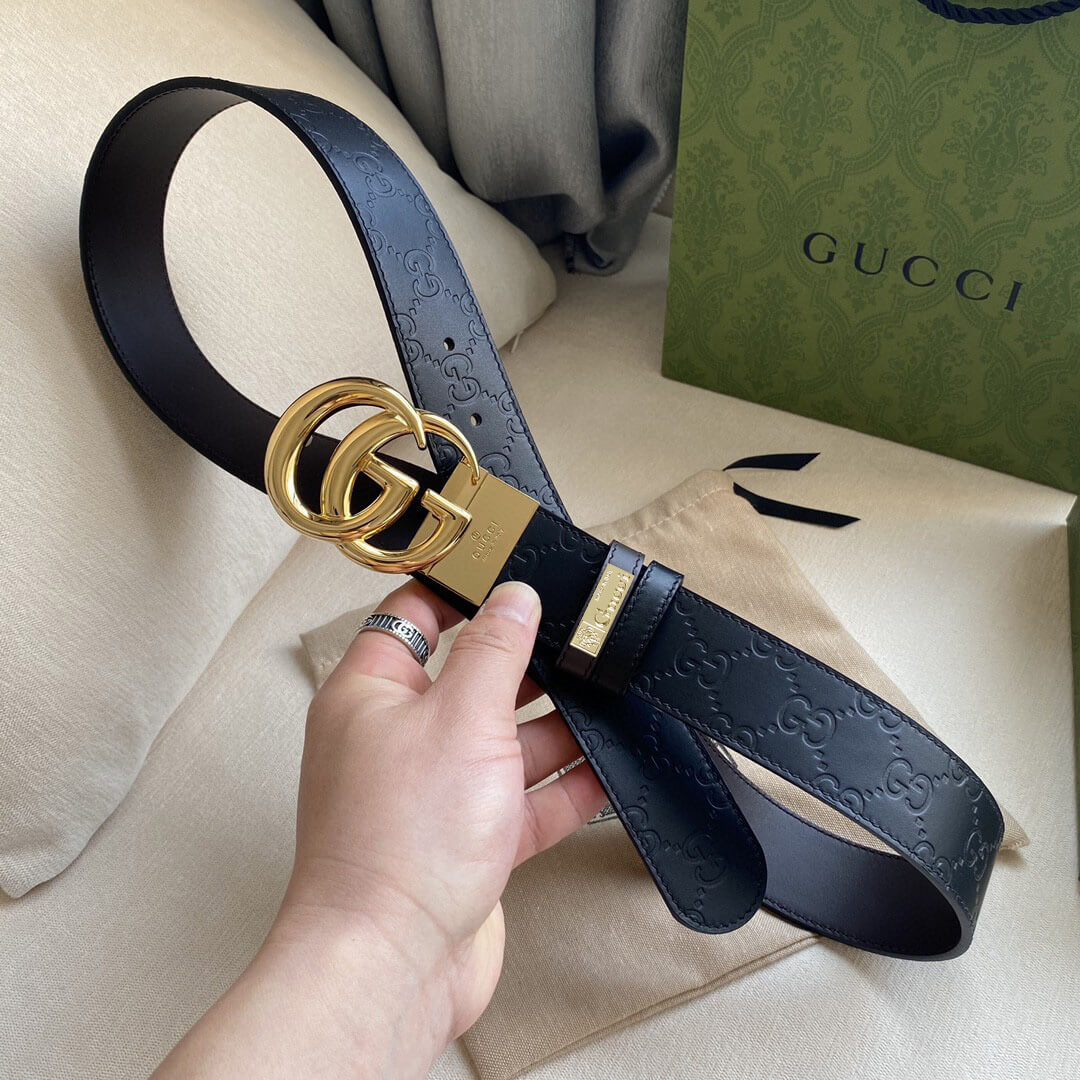 gu belt cowhide leather black gold buckle wide 3 7cm
