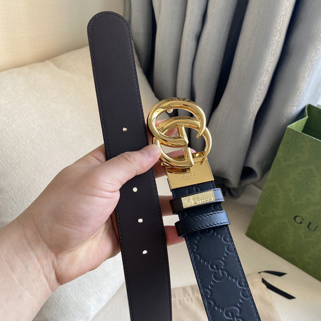 gu belt cowhide leather black gold buckle wide 3 7cm