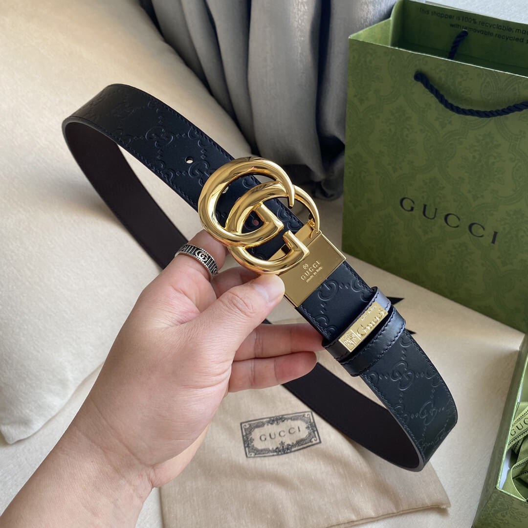 gu belt cowhide leather black gold buckle wide 3 7cm