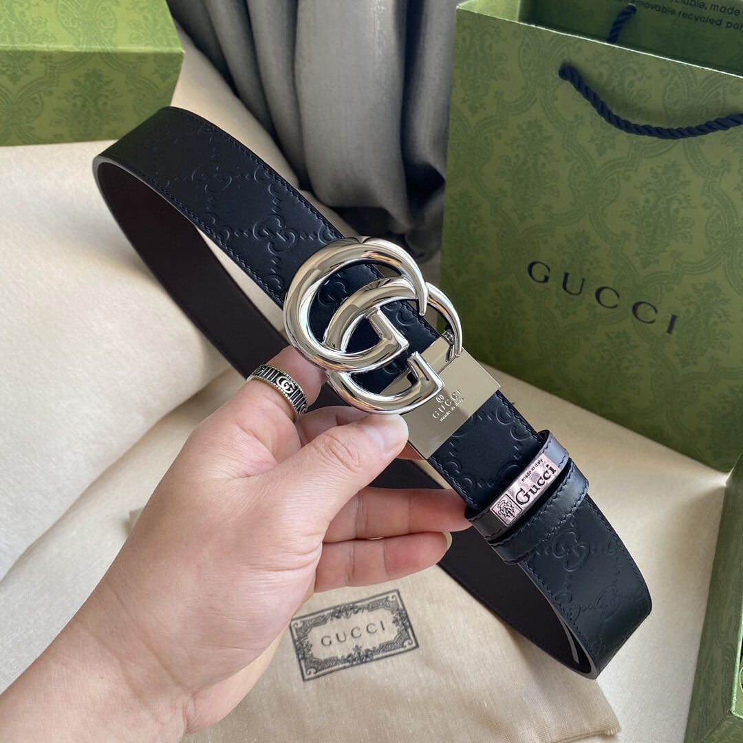 gu belt cowhide leather black gold buckle wide 3 7cm