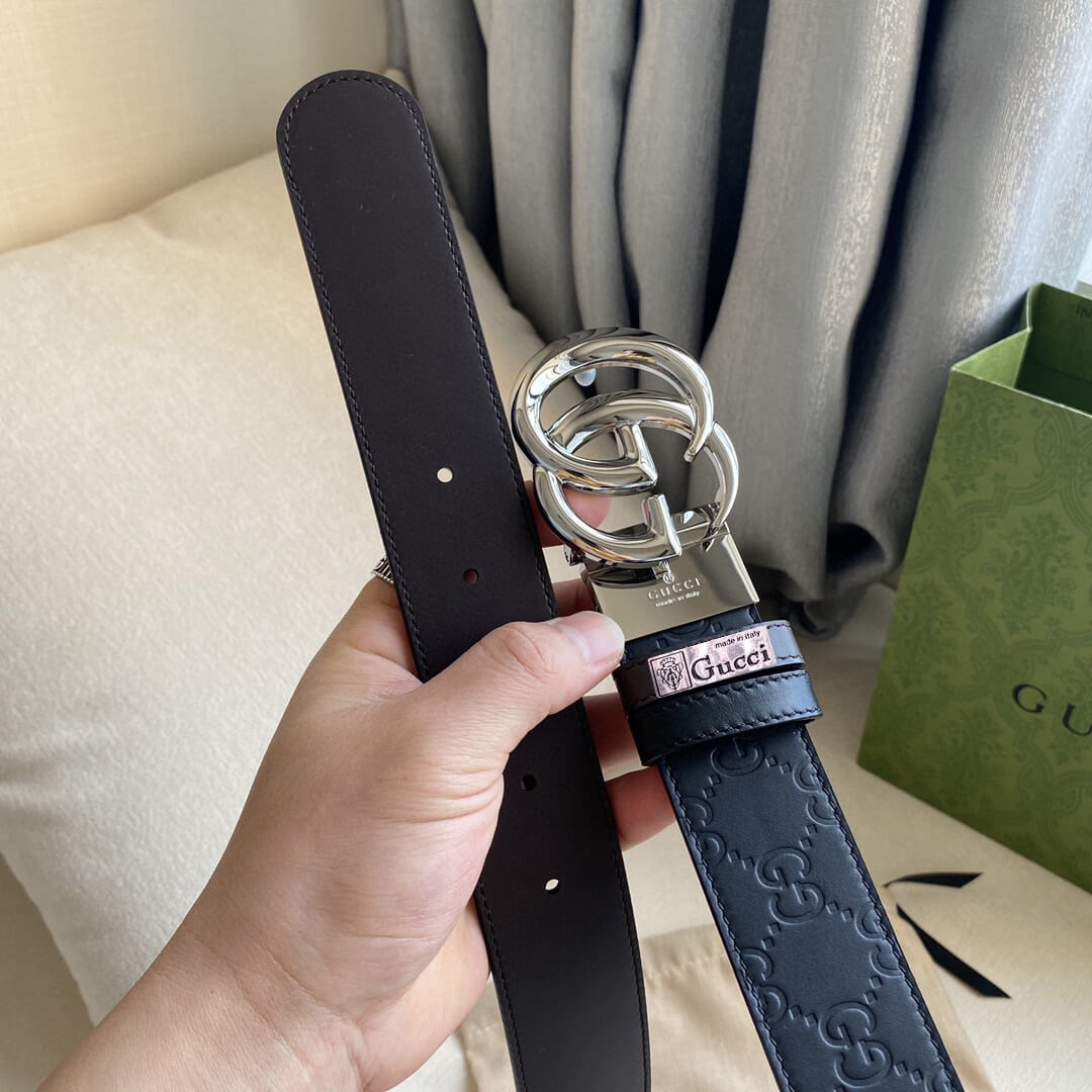 gu belt cowhide leather black gold buckle wide 3 7cm