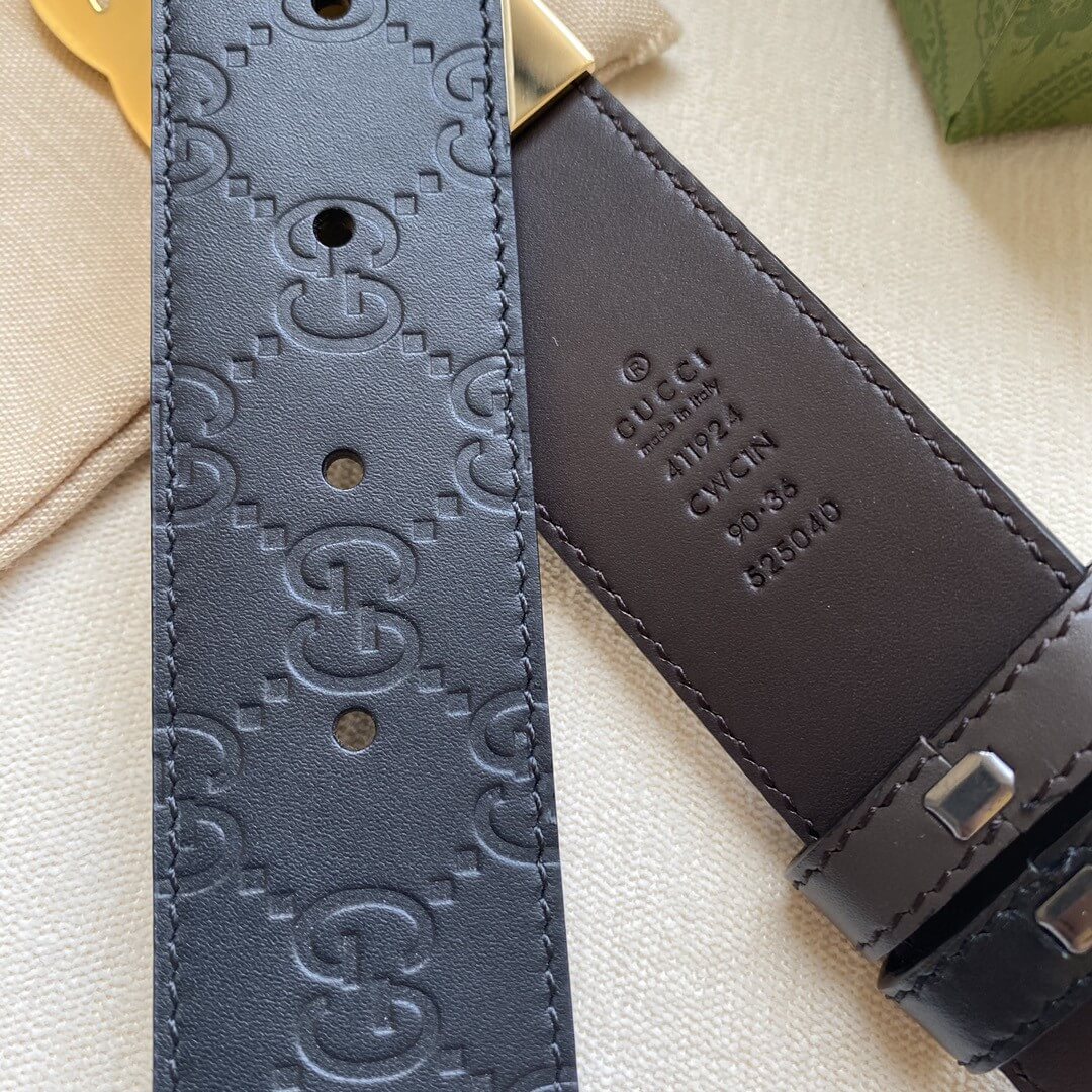 gu belt cowhide leather black gold buckle wide 3 7cm