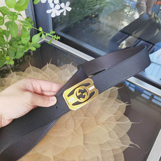 gu belt cowhide leather black gold buckle wide 3 8cm 1
