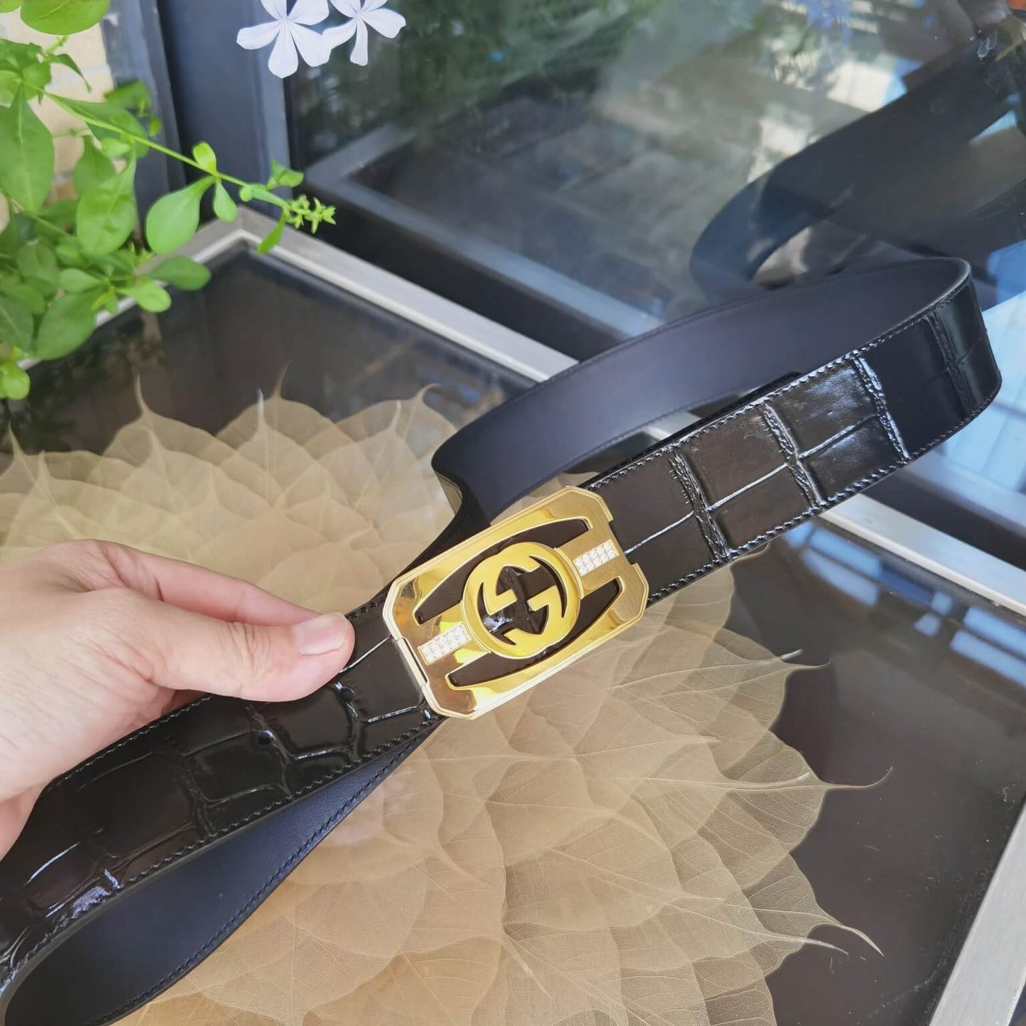 gu belt cowhide leather black gold buckle wide 3 8cm popular belt