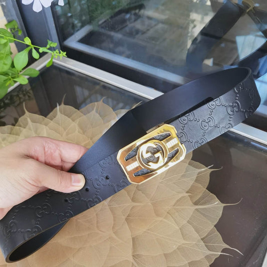 gu belt cowhide leather black gold buckle wide 3 8cm popular belt 1