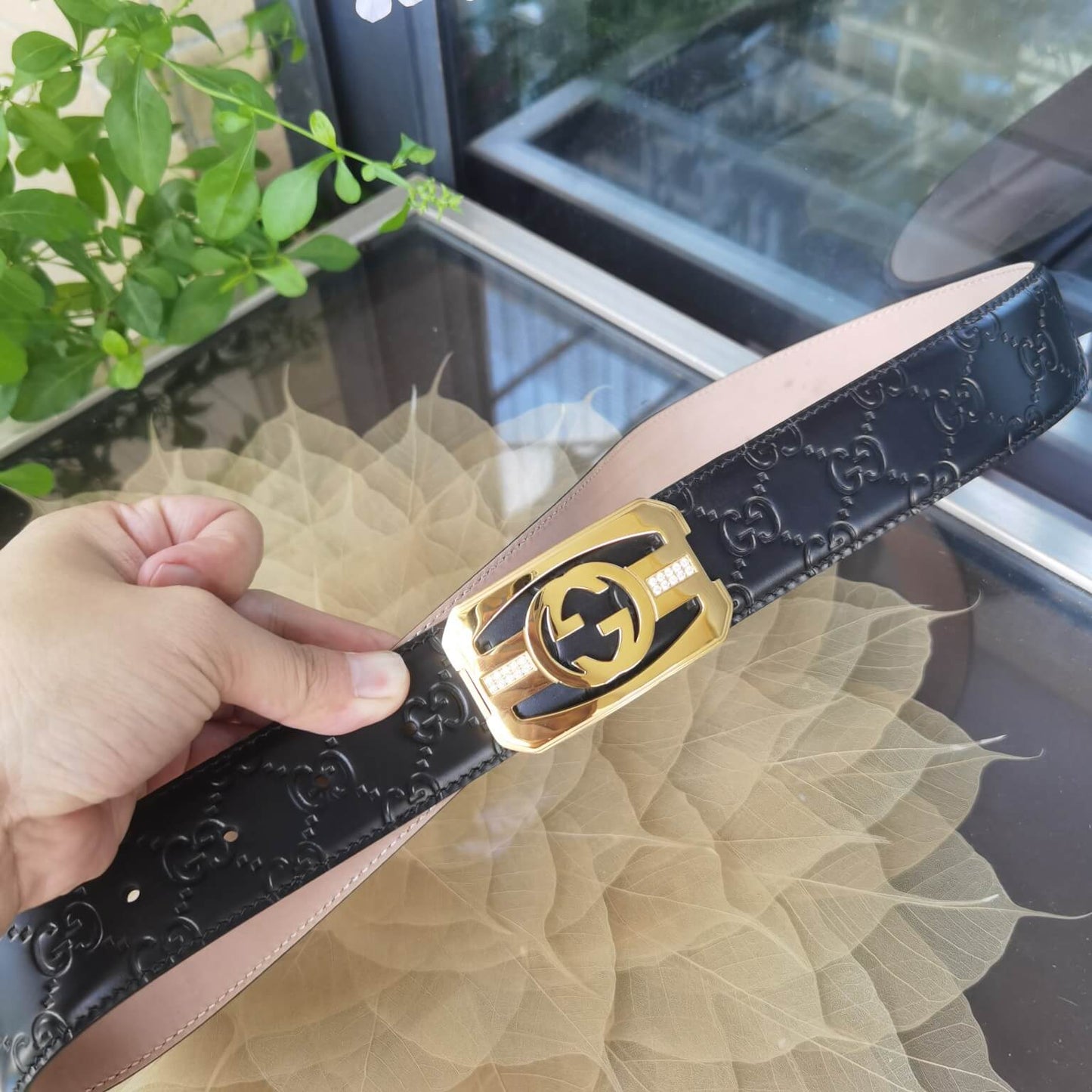 GC belt cowhide leather black gold buckle wide 3.8cm popular belt