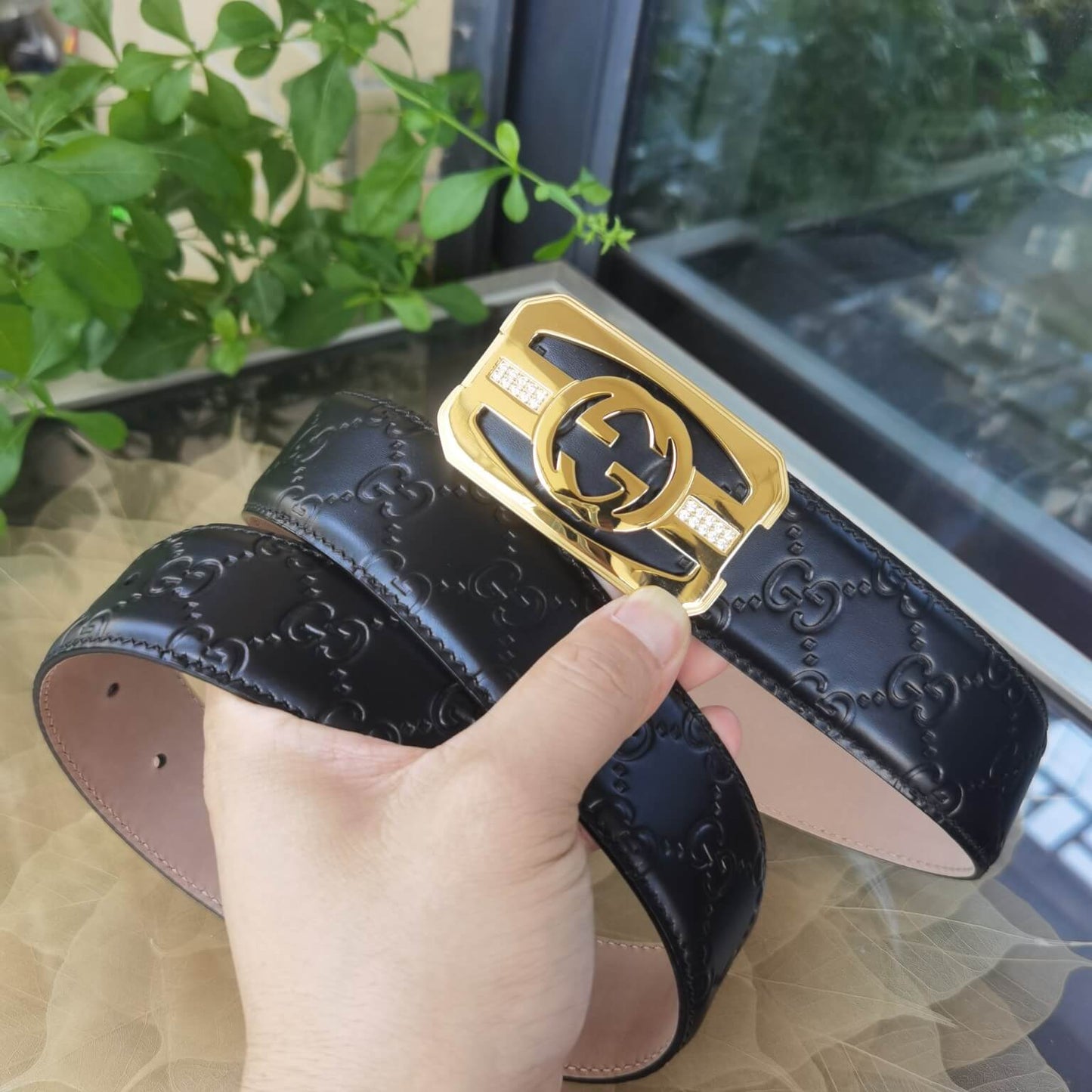 GC belt cowhide leather black gold buckle wide 3.8cm popular belt