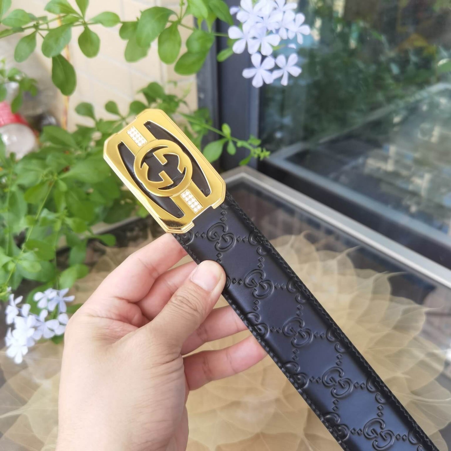 GC belt cowhide leather black gold buckle wide 3.8cm popular belt