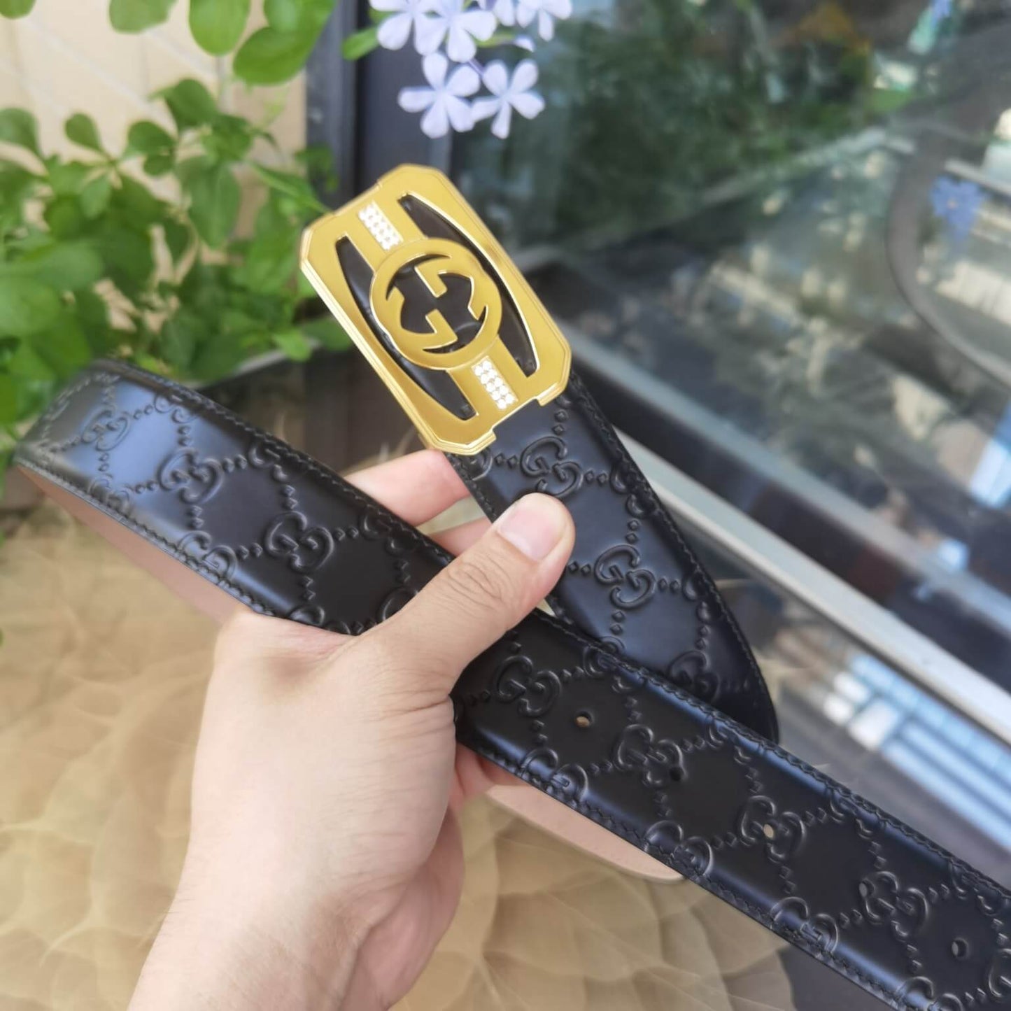 GC belt cowhide leather black gold buckle wide 3.8cm popular belt