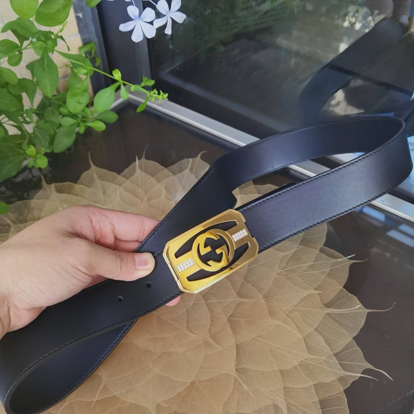 gu belt cowhide leather black gold buckle wide 3 8cm