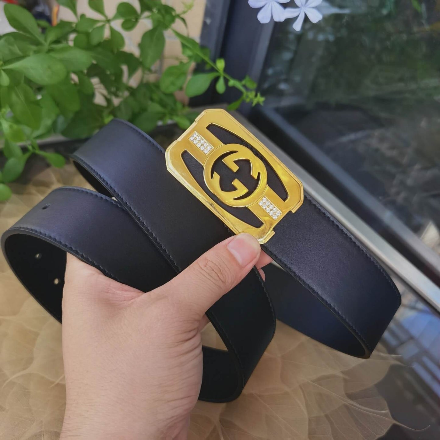 gu belt cowhide leather black gold buckle wide 3 8cm