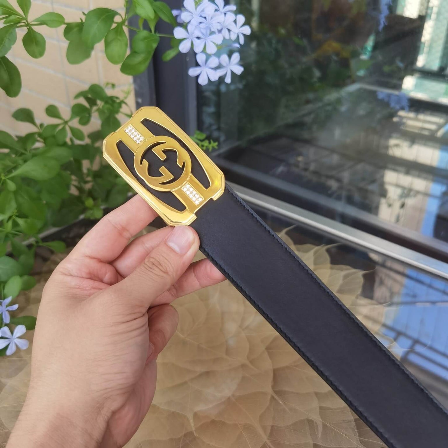 gu belt cowhide leather black gold buckle wide 3 8cm