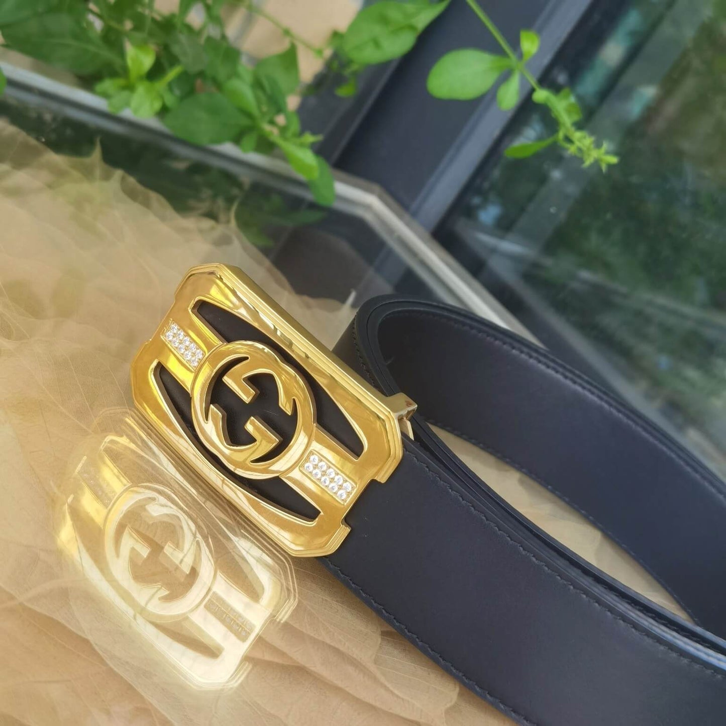 gu belt cowhide leather black gold buckle wide 3 8cm