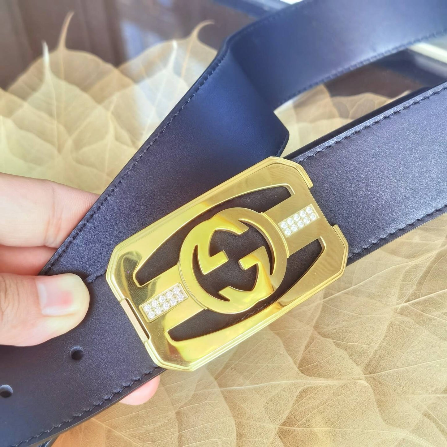 gu belt cowhide leather black gold buckle wide 3 8cm