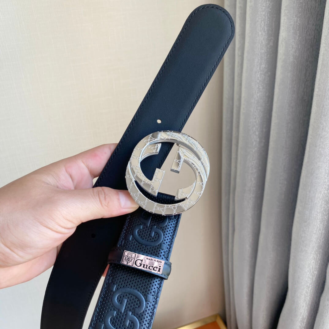gu belt cowhide leather black silver buckle wide 4cm