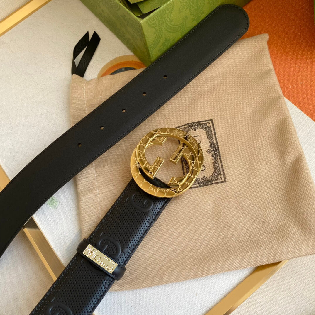 gu belt cowhide leather black gold buckle wide 4cm