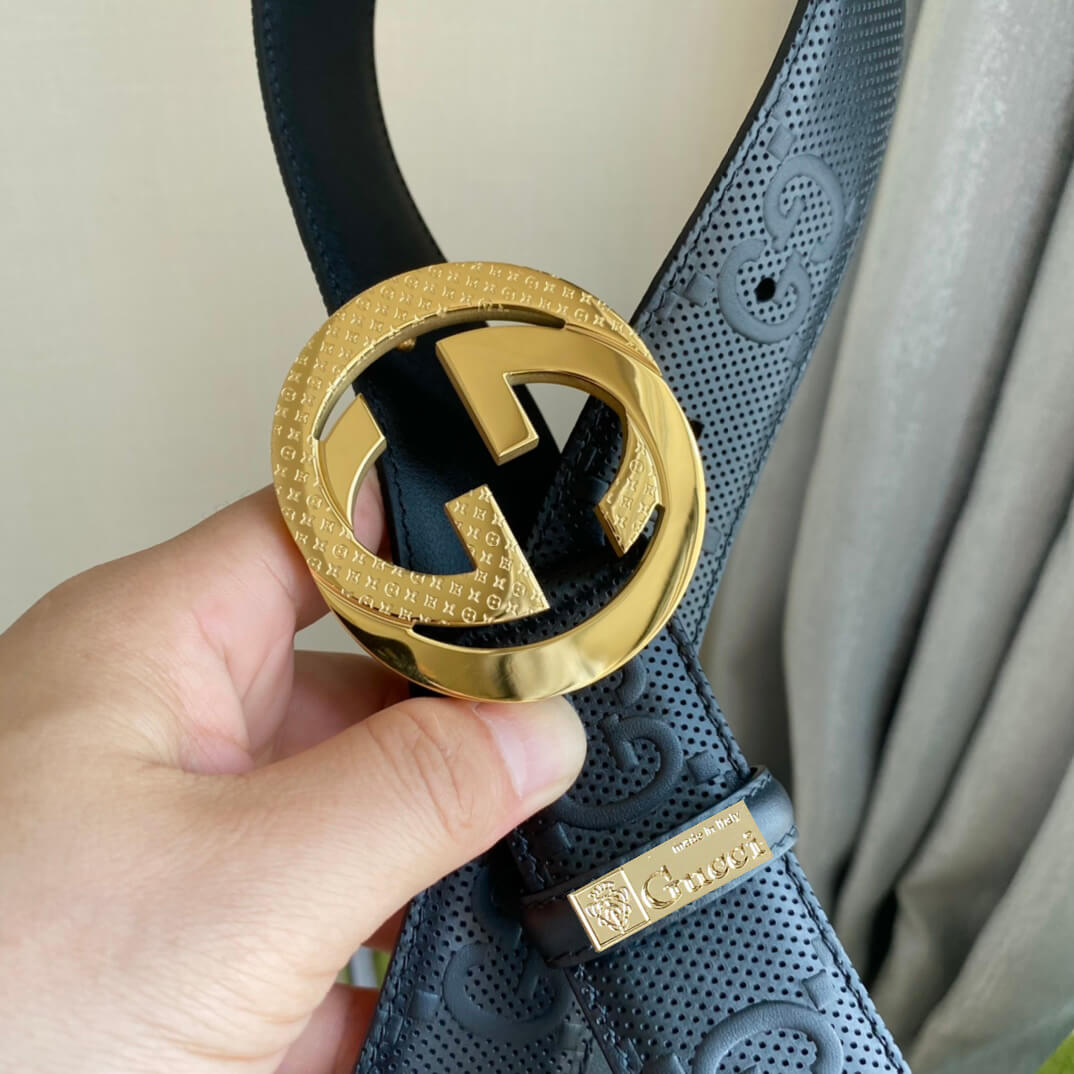 gu belt cowhide leather black gold buckle wide 4cm