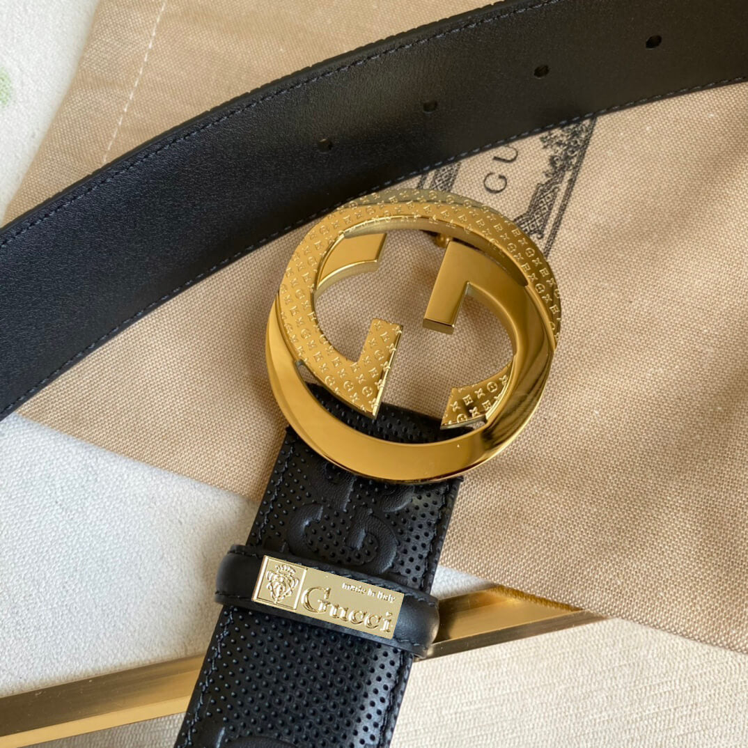 gu belt cowhide leather black gold buckle wide 4cm