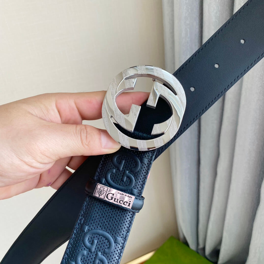 gu belt cowhide leather black silver buckle wide 4cm