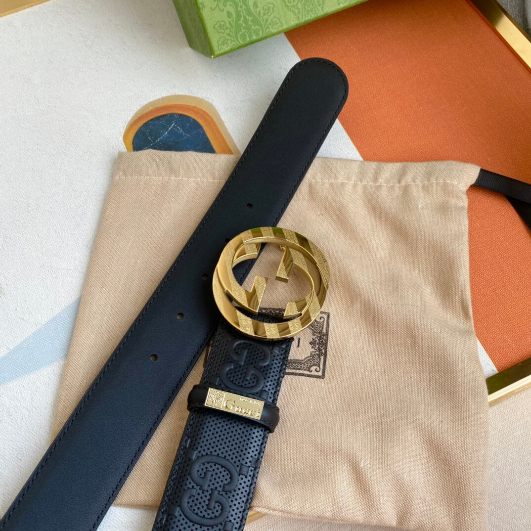 gu belt cowhide leather black gold buckle wide 4cm