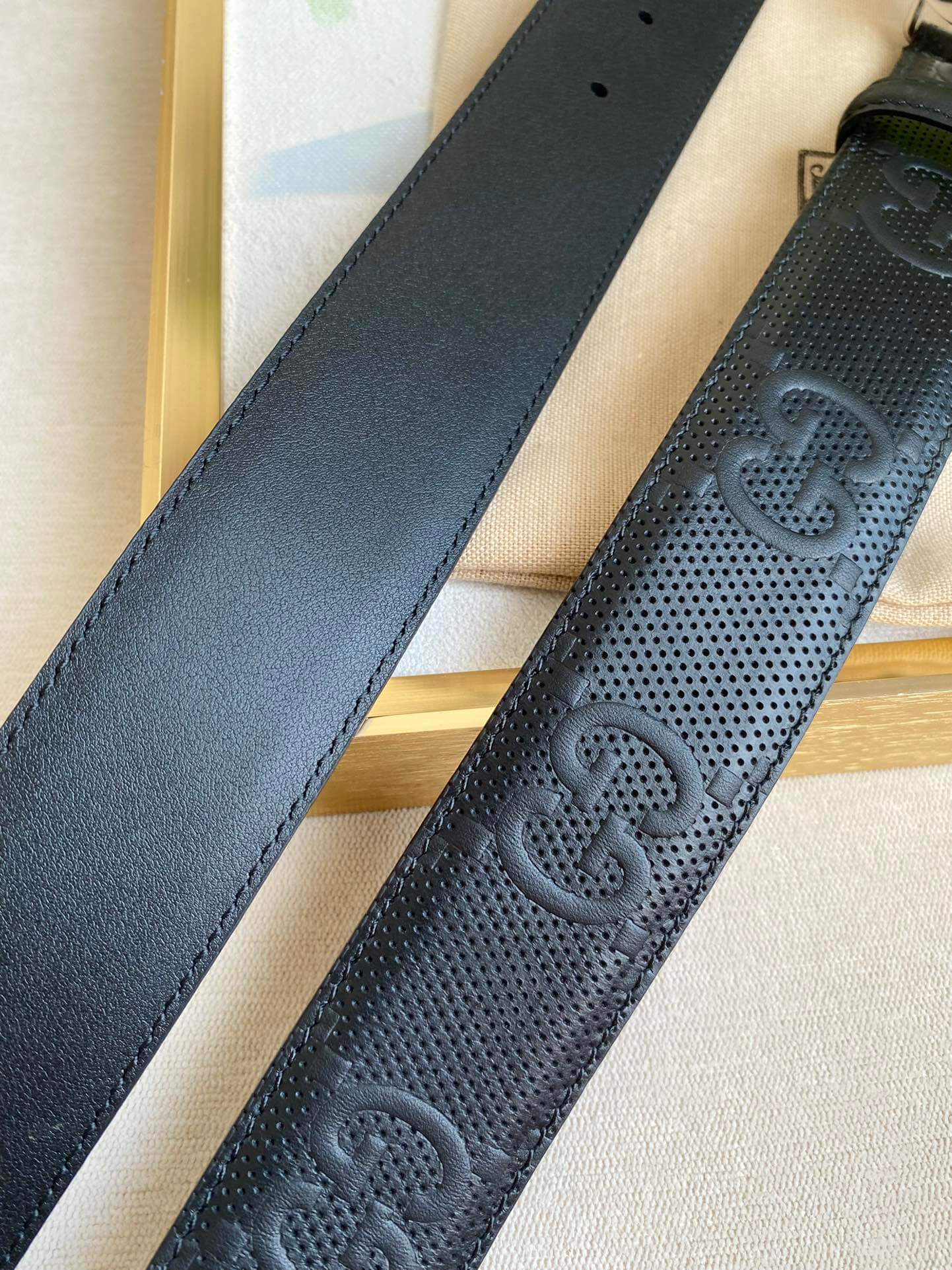 gu belt cowhide leather black gold buckle wide 4cm