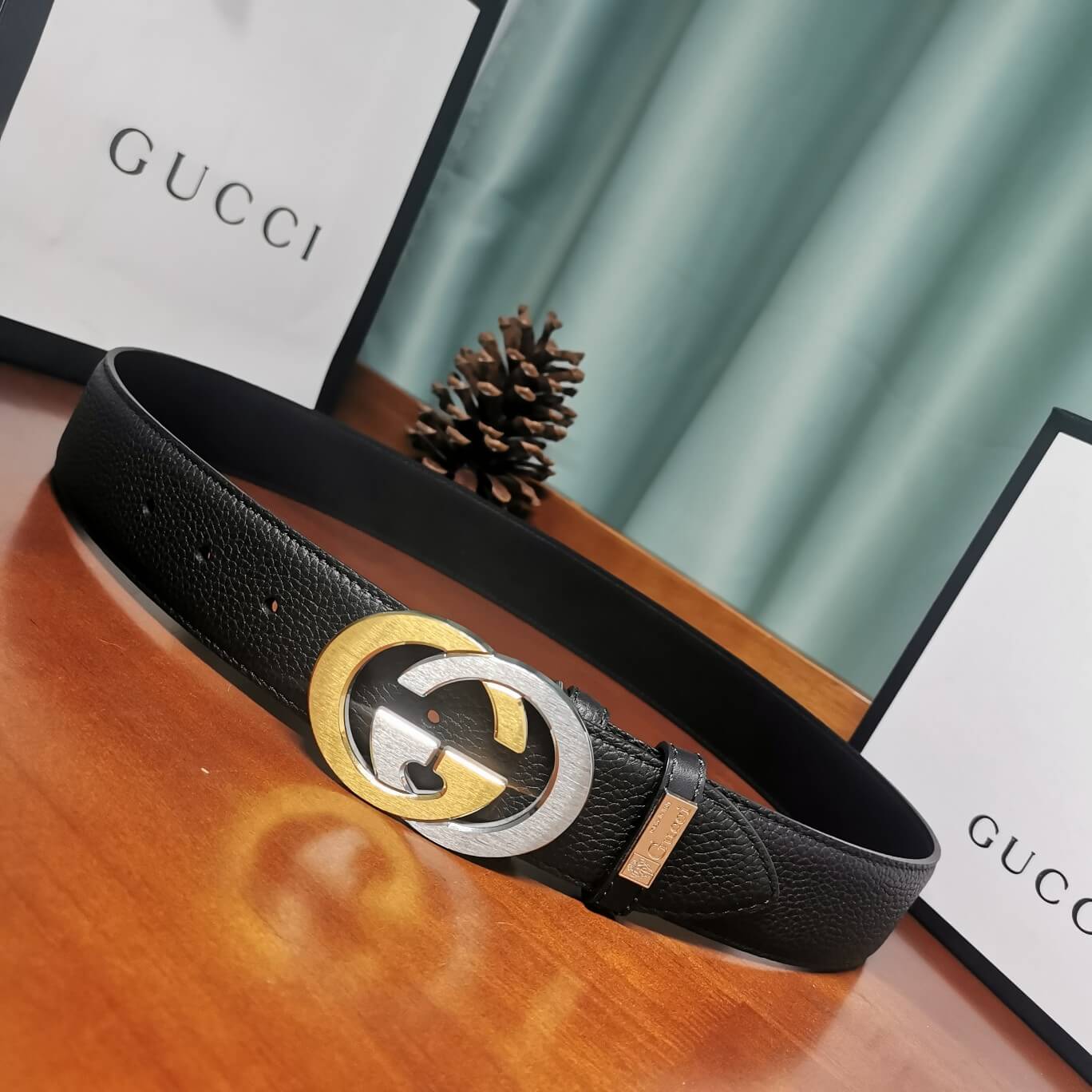 gu belt cowhide leather black gold silve buckle wide 3 5cm
