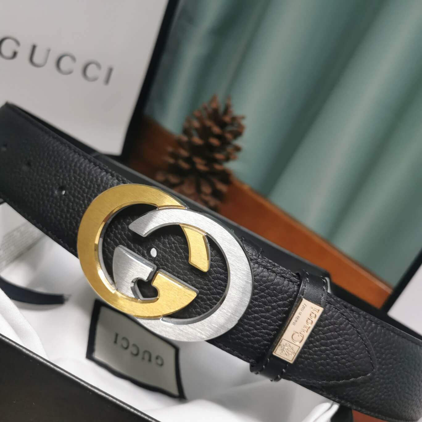 gu belt cowhide leather black gold silve buckle wide 3 5cm