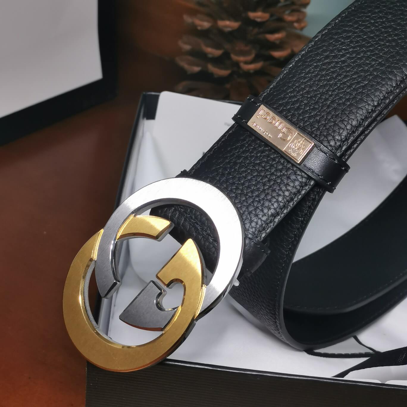 gu belt cowhide leather black gold silve buckle wide 3 5cm