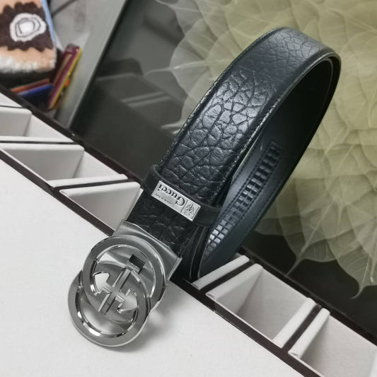 gu belt cowhide leather black silver buckle wide 3 4cm automatic buckle